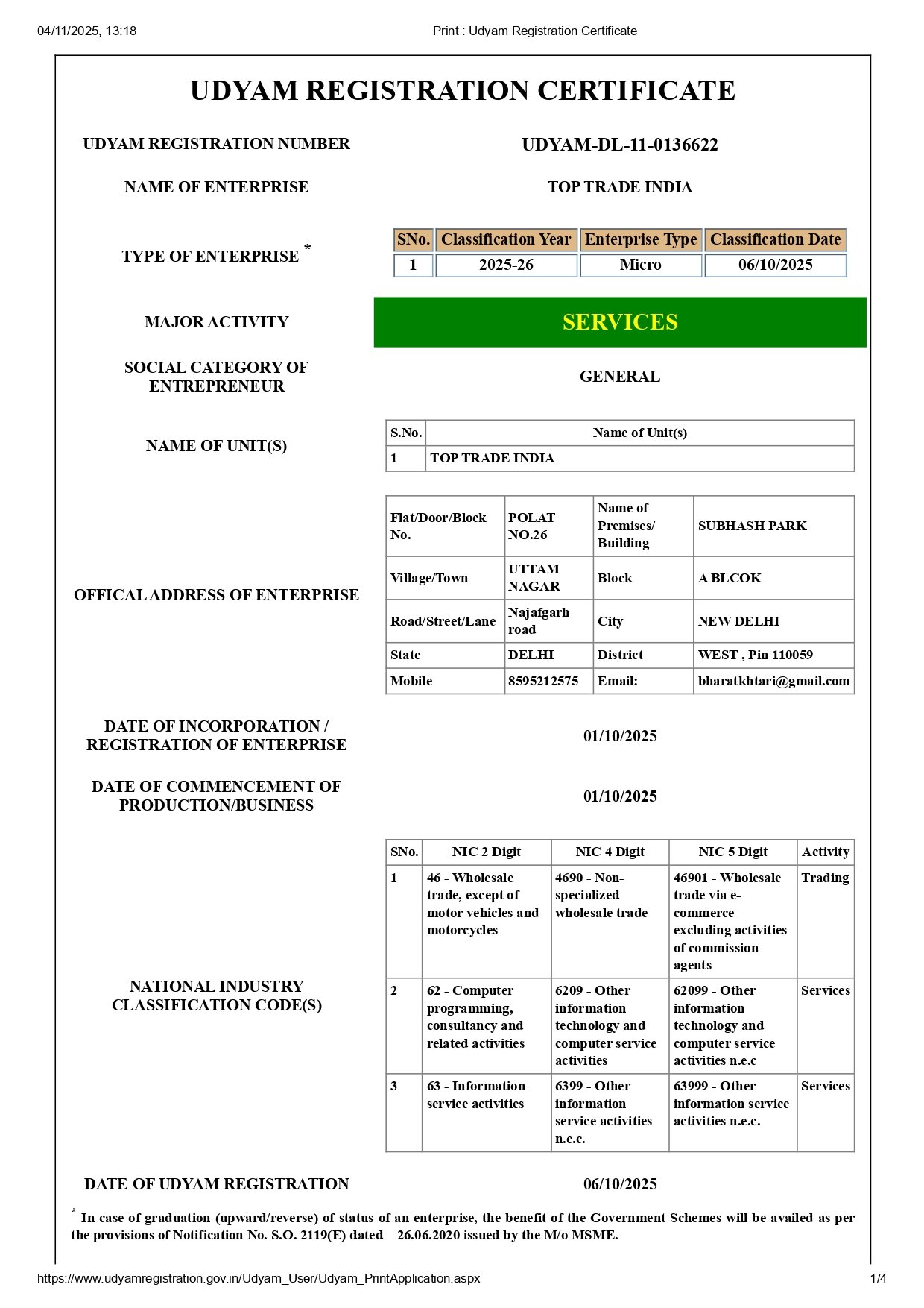 Udyam Registration Certificate