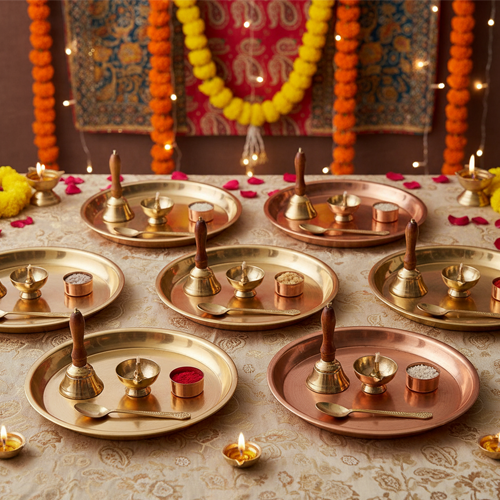 Aarti thali kits (brass/copper thali with diya, bell, spoon, incense holder)